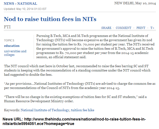 Nod to raise tuition fees in NITs The Hindu